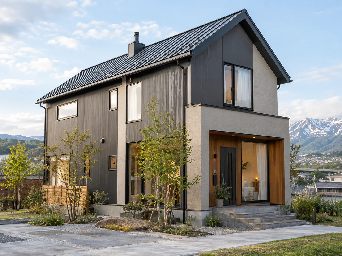 山並みを望む、木とダークカラーを組み合わせた戸建住宅の外観